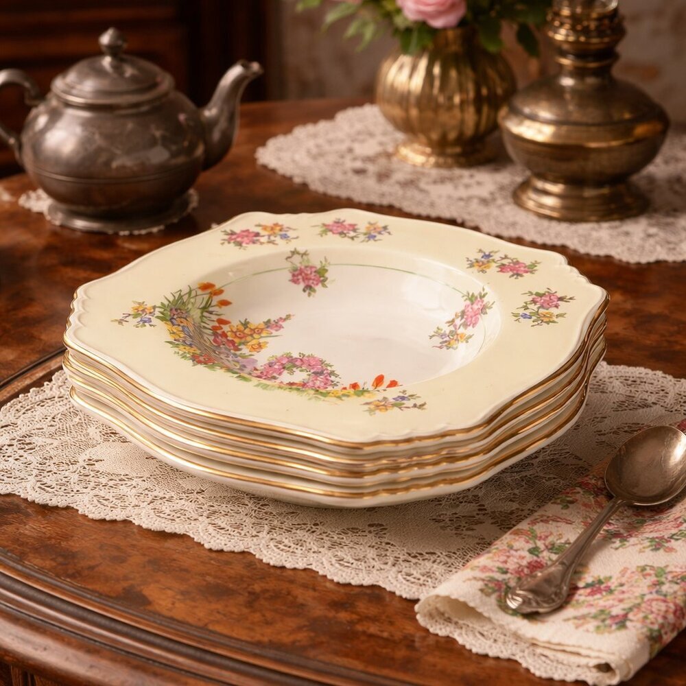 Antique 1920s Royal Windsor Soup Salad Bowls #1068 Wisteria/Garden Trellis